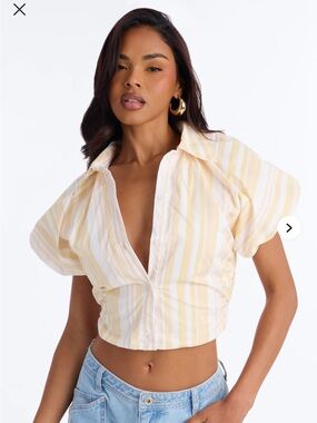 Striped Yellow Crop Button-Front Top - Women